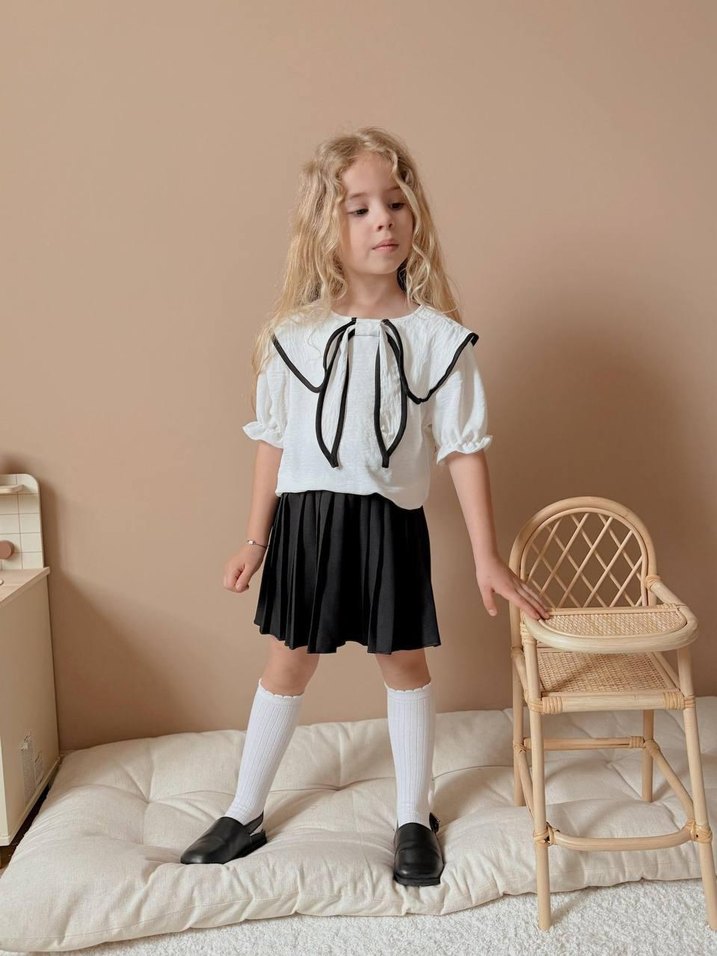 Kız Çocuk Beyaz Pamuklu Fiyonklu Bluz - Görsel 3