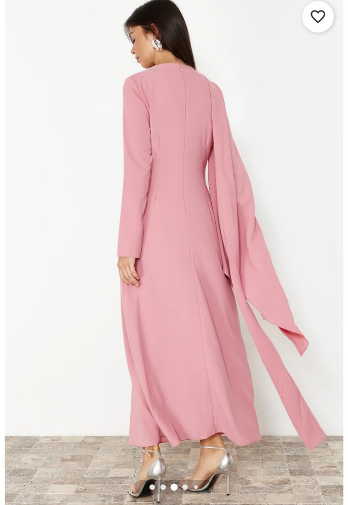 Pembe Drapeli V Yaka Uzun Kadın Elbise - Görsel 3