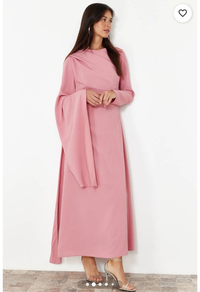 Pembe Drapeli V Yaka Uzun Kadın Elbise - Görsel 2