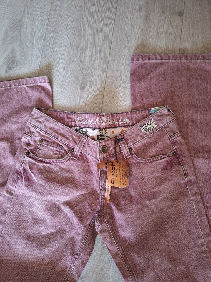 Pembe Batik Desenli Bol Kesim Kadın Kot Pantolon - Görsel 3