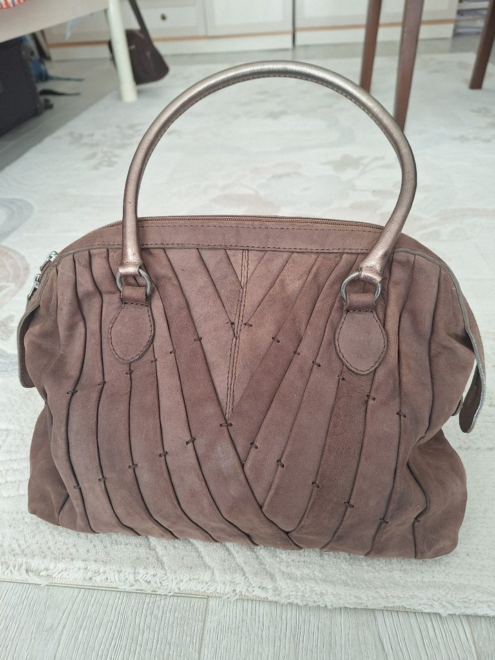 Kadın Bej Deri Pileli Omuz Çantası - Görsel 4