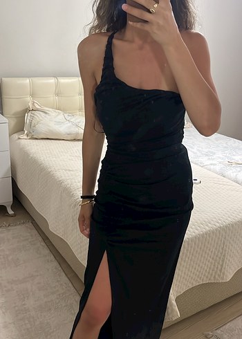 xs Beden siyah Renk Zara Siyah Midi Keten Kadın Elbise