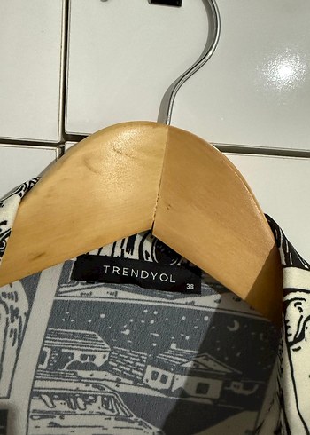 Düğmeli, Baskılı, Gri Uzun Kollu Kadın Gömlek - Görsel 7