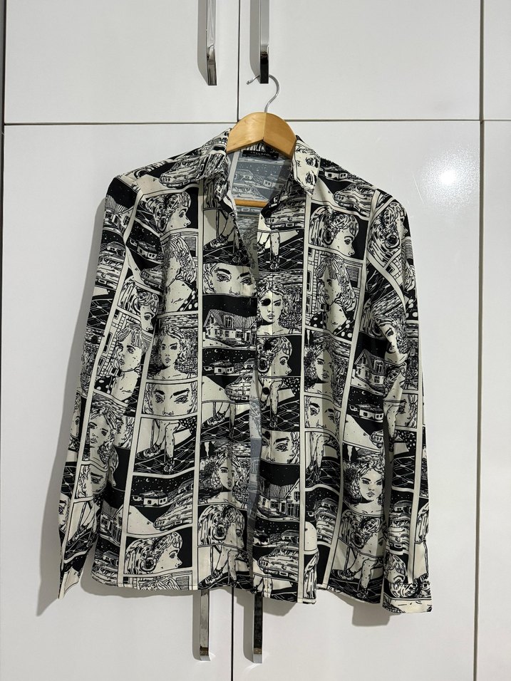 Düğmeli, Baskılı, Gri Uzun Kollu Kadın Gömlek - Görsel 2