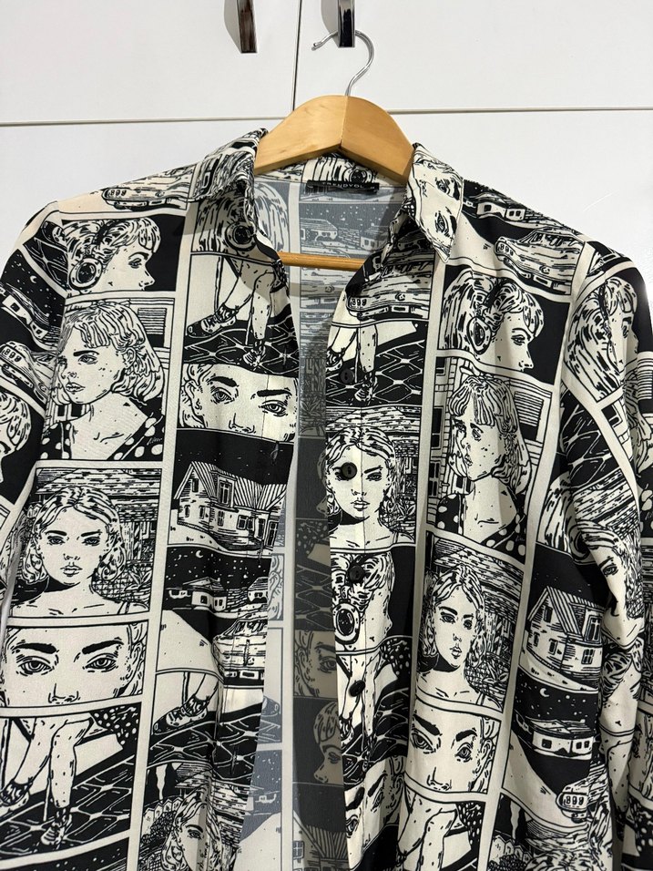 Düğmeli, Baskılı, Gri Uzun Kollu Kadın Gömlek - Görsel 3