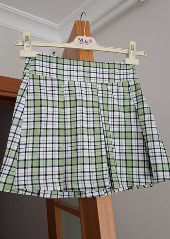 Bershka M&S Yeşil Ekose Pilili Mini Etek