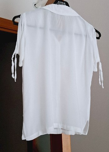 Kadın Beyaz Keten Kısa Kollu Gömlek - Görsel 4