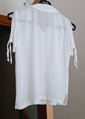 Kadın Beyaz Keten Kısa Kollu Gömlek - Görsel 5