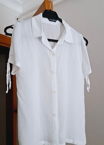 Kadın Beyaz Keten Kısa Kollu Gömlek - Görsel 2