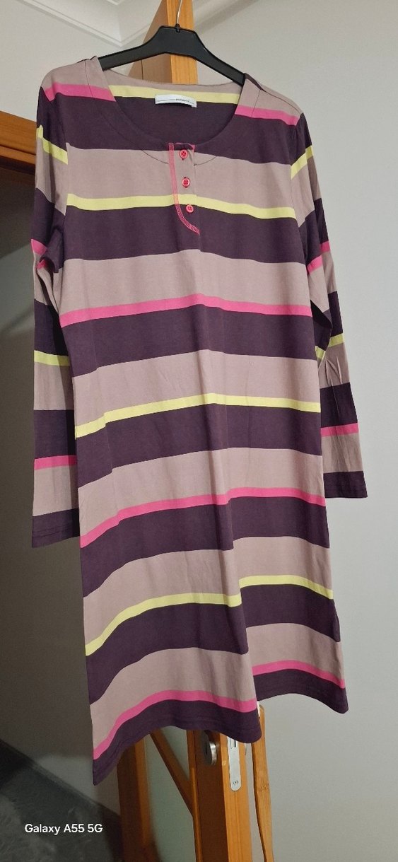 Çizgili Uzun Kollu Hamile ve Emzirme Gecelik - Görsel 5