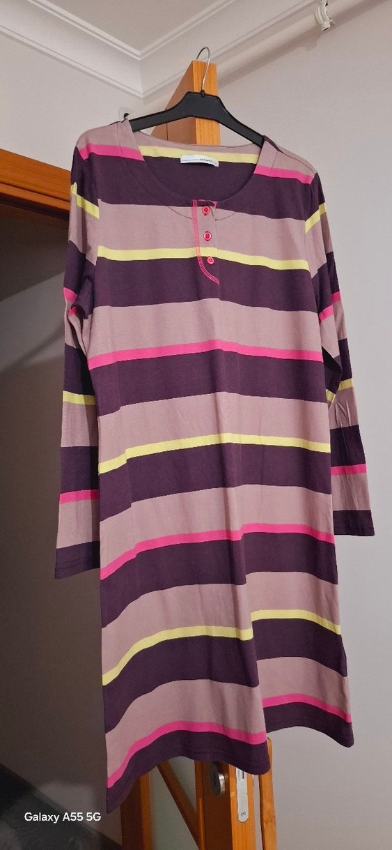 Çizgili Uzun Kollu Hamile ve Emzirme Gecelik - Görsel 2