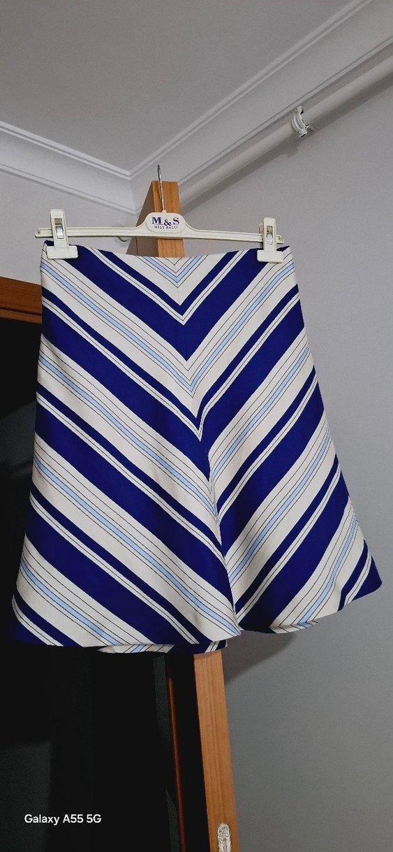 Mavi Çizgili Pileli Mini Hamile Eteği - Görsel 4