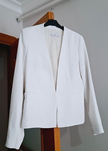 Beyaz Kadın Midi Ceket, Notch Yaka, Uzun Kol - Görsel 2