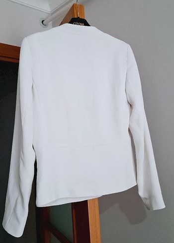 Beyaz Kadın Midi Ceket, Notch Yaka, Uzun Kol - Görsel 3