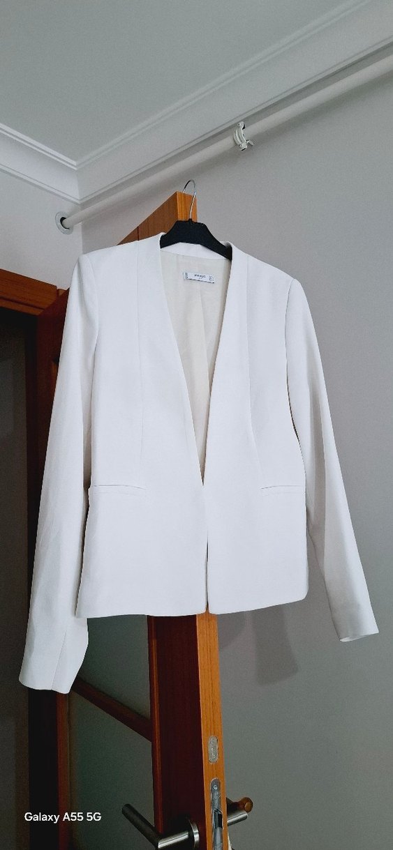 Beyaz Kadın Midi Ceket, Notch Yaka, Uzun Kol - Görsel 2