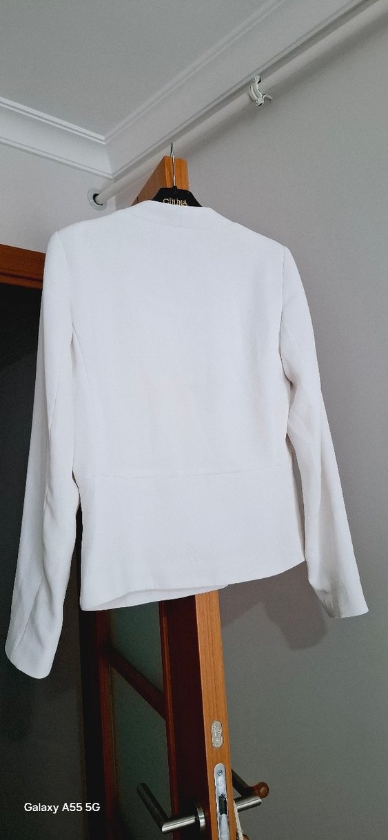 Beyaz Kadın Midi Ceket, Notch Yaka, Uzun Kol - Görsel 3