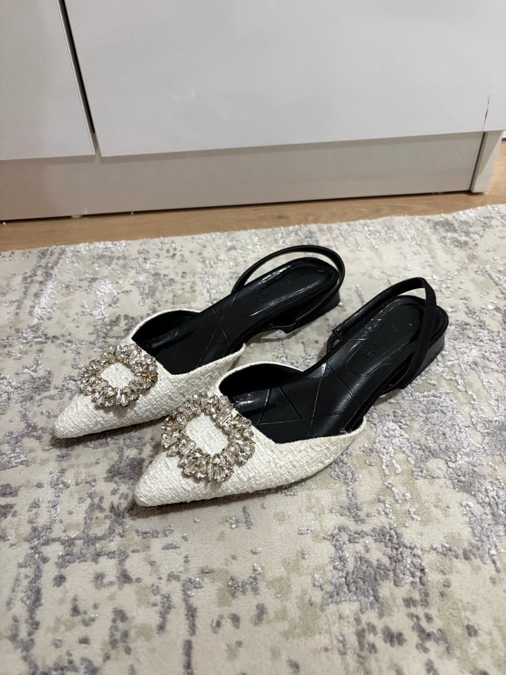 Beyaz Parlak Taşlı Stiletto babet nişantaşı shoes - Görsel 2
