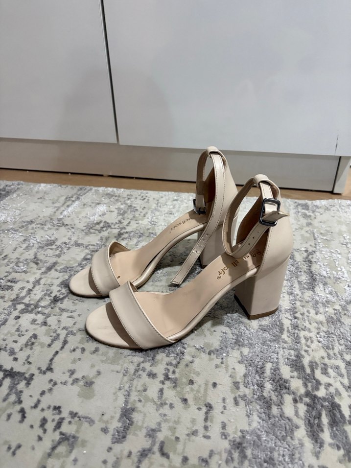 Bej Tokalı Blok Topuklu Kadın Abiye Ayakkabı - Görsel 3