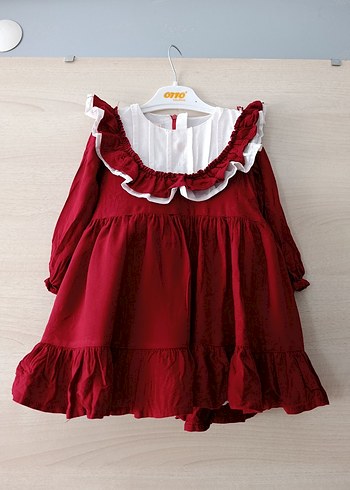 Bordo Nakışlı Klasik Kız Elbisesi