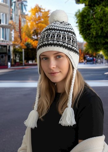 Örgü Bohem Kadın Bere - Beyaz Gri - Görsel 2