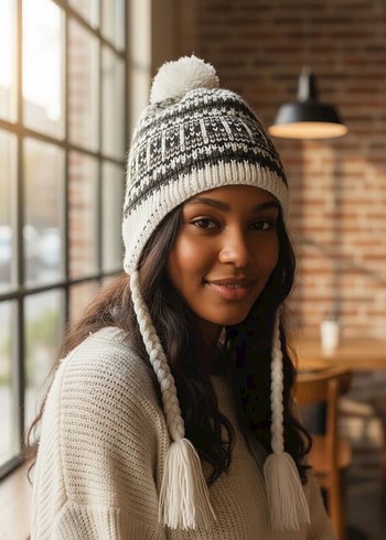 Örgü Bohem Kadın Bere - Beyaz Gri - Görsel 3