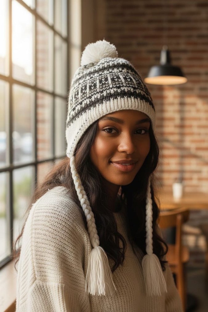 Örgü Bohem Kadın Bere - Beyaz Gri - Görsel 3