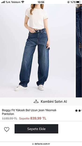 Defacto kemer detaylı baggy jean