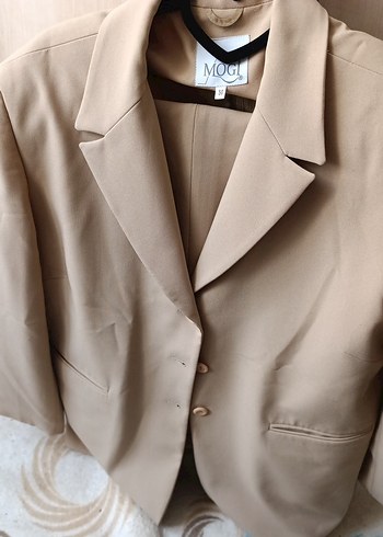 Bej Kadın Düğmeli Midi Blazer Ceket ve pantolon