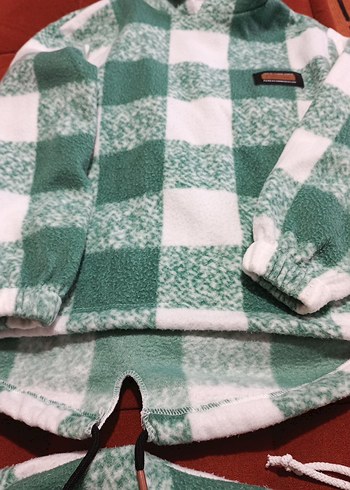 kız çocukYeşil Kareli Kapüşonlu Polar Takım - Görsel 5