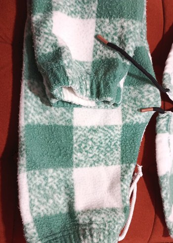 kız çocukYeşil Kareli Kapüşonlu Polar Takım - Görsel 4