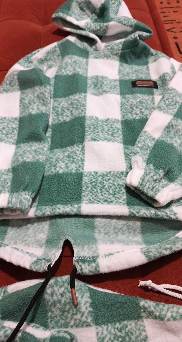 kız çocukYeşil Kareli Kapüşonlu Polar Takım - Görsel 5