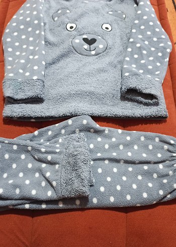 Gri Puantiyeli Ayıcık Desenli Çocuk polar Pijama Takımı - Görsel 4
