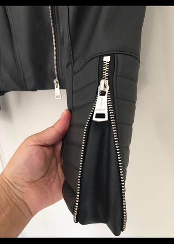 Kadın Siyah Deri Biker Ceket - Görsel 4