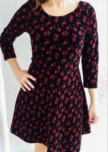 Bordo Çiçek Desenli Kadife Uzun Kollu Midi Elbise - Görsel 2