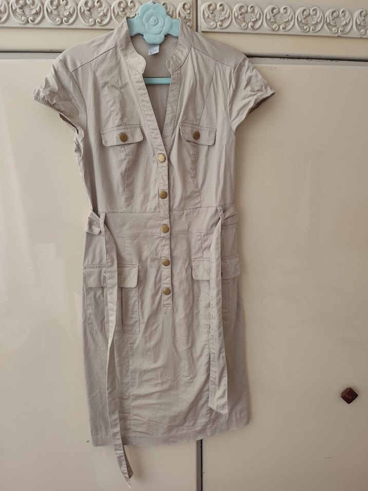 Bej Kemerli Kolsuz Midi Elbise - Görsel 2