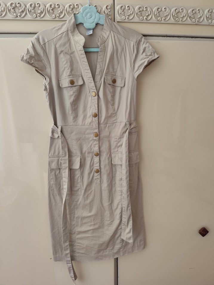 Bej Kemerli Kolsuz Midi Elbise - Görsel 5