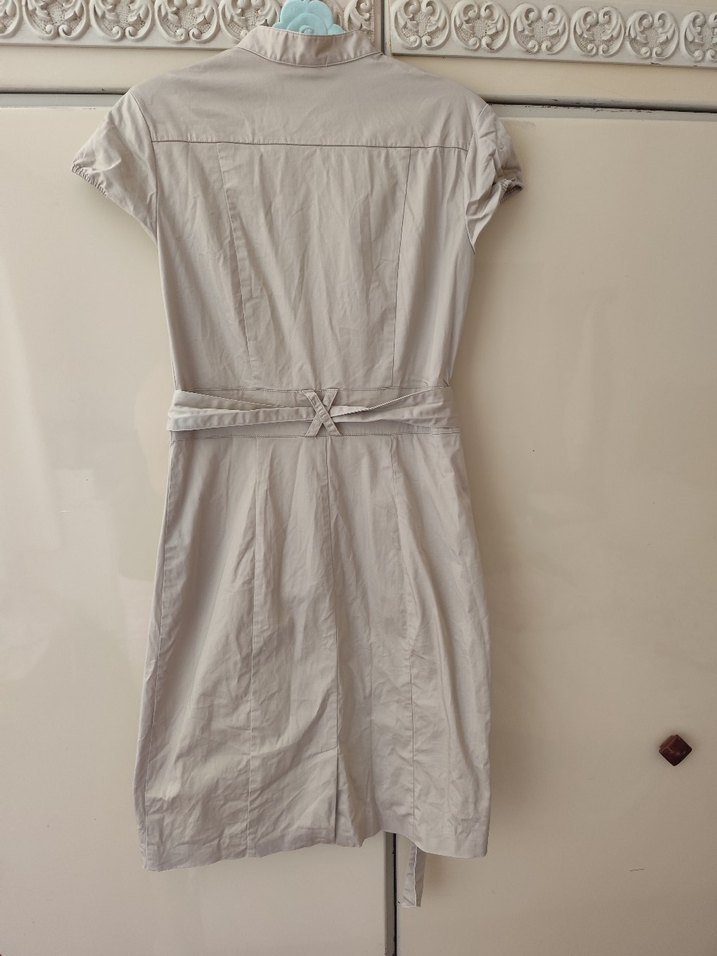 Bej Kemerli Kolsuz Midi Elbise - Görsel 3