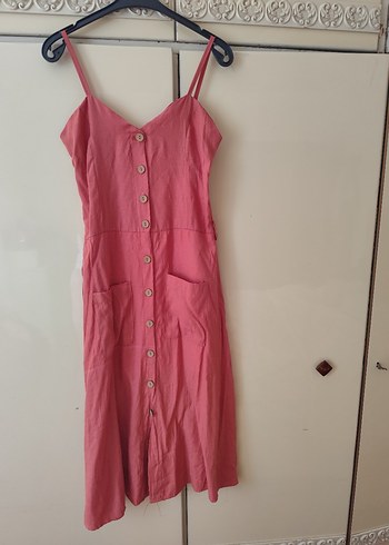 Pembe Keten Düğmeli Midi Elbise - Görsel 5