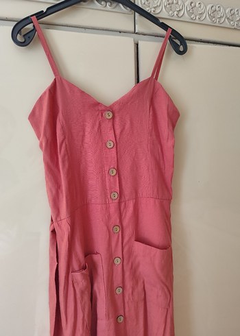 Pembe Keten Düğmeli Midi Elbise - Görsel 7