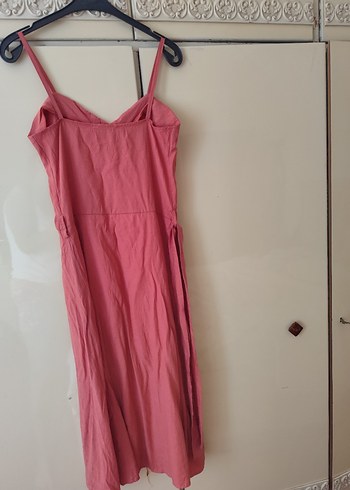 Pembe Keten Düğmeli Midi Elbise - Görsel 8