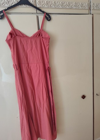 Pembe Keten Düğmeli Midi Elbise - Görsel 6