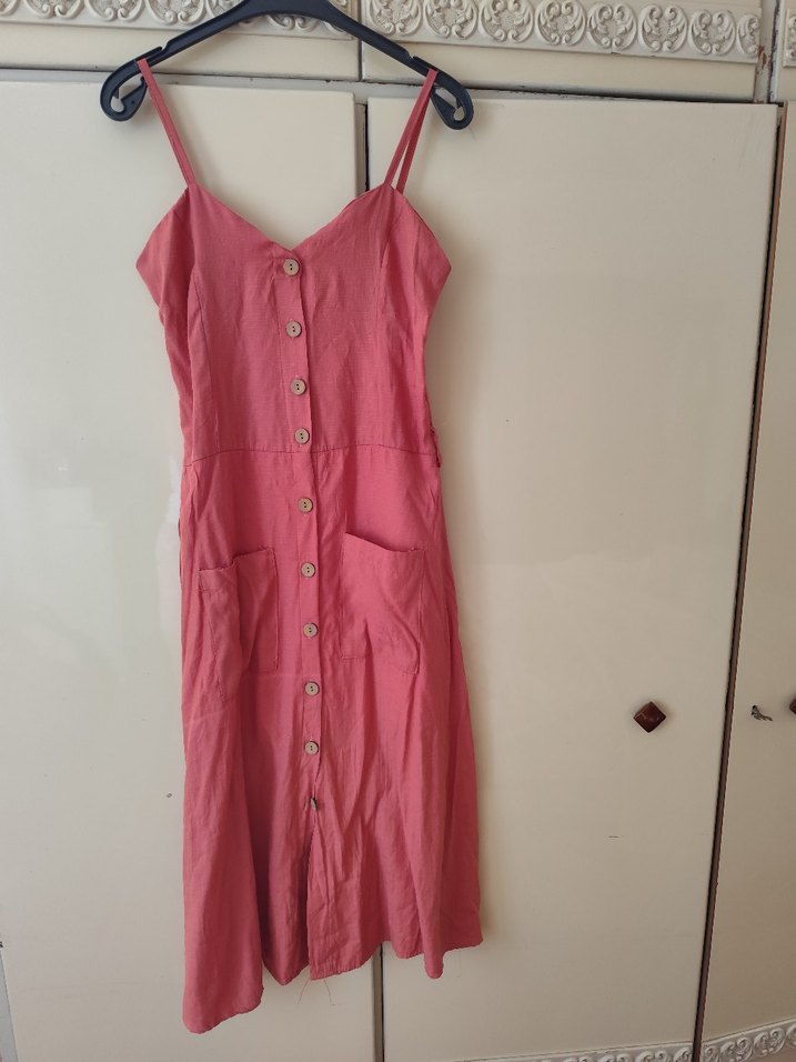 Pembe Keten Düğmeli Midi Elbise - Görsel 5