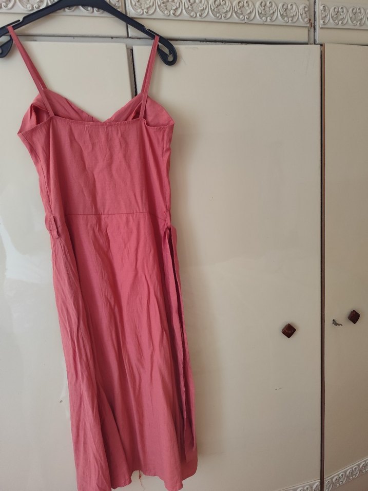 Pembe Keten Düğmeli Midi Elbise - Görsel 4