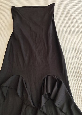 Siyah Straplez Uzun Fırfırlı Elbise - Görsel 6