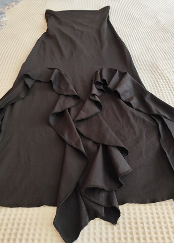 Siyah Straplez Uzun Fırfırlı Elbise - Görsel 5