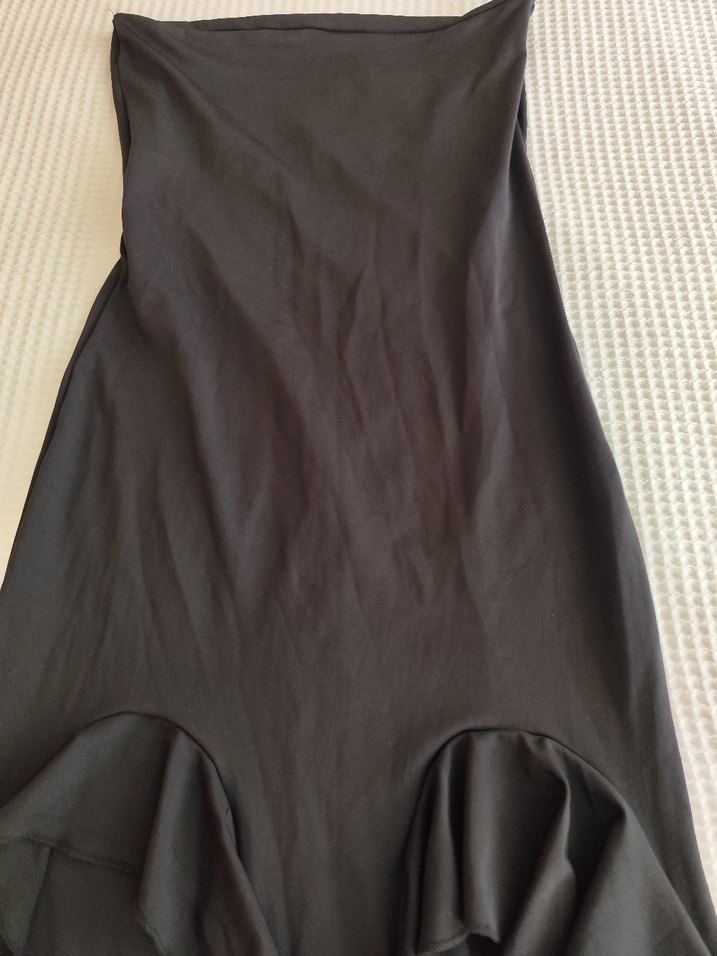 Siyah Straplez Uzun Fırfırlı Elbise - Görsel 4