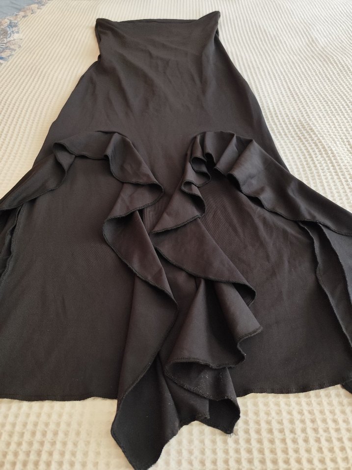 Siyah Straplez Uzun Fırfırlı Elbise - Görsel 5