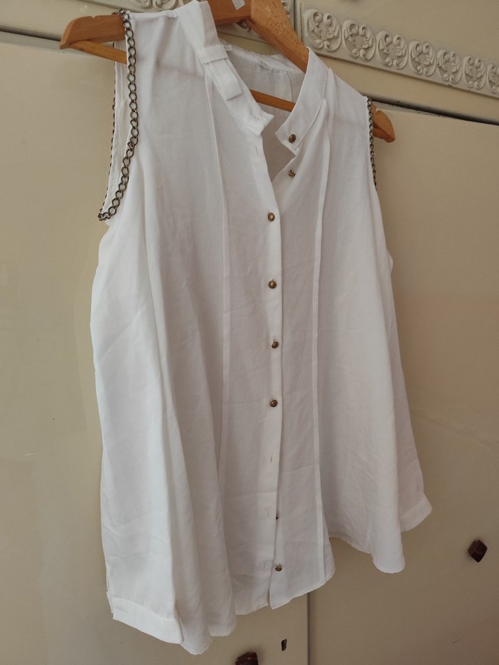 Düğmeli, Kolsuz, Keten Gömlek - Görsel 5