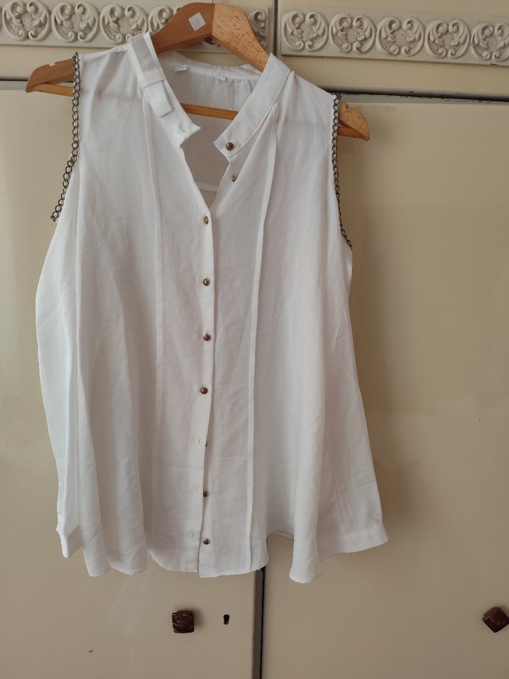 Düğmeli, Kolsuz, Keten Gömlek - Görsel 3