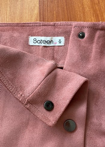 Düğmeli Pembe Süet Midi Etek - Görsel 3